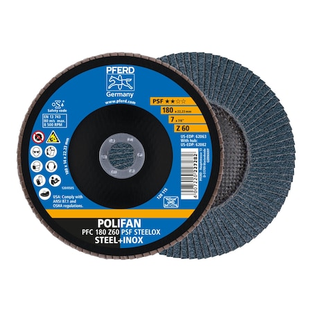 Pferd Tools 7" x 7/8" A.H. POLIFAN Flap Disc - Z PSF STEELOX, Zirconia, 60 Grit, Conical 62063